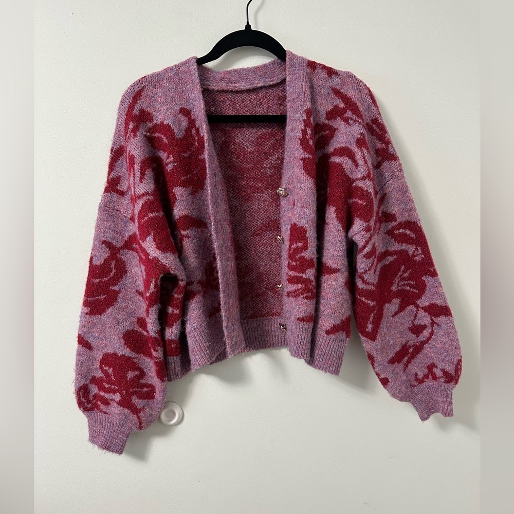 Floral Knit Cardigan Sweater - Pink and Red